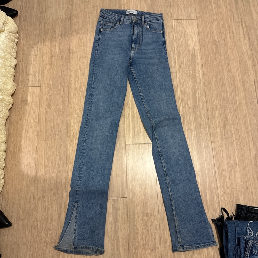 Zara high rise straight leg flare split hem denim